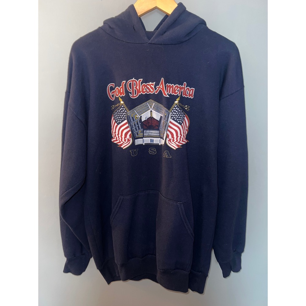 Vintage American Knitwear God Bless America Pentagon Navy Blue Hoodie‎ Large USA